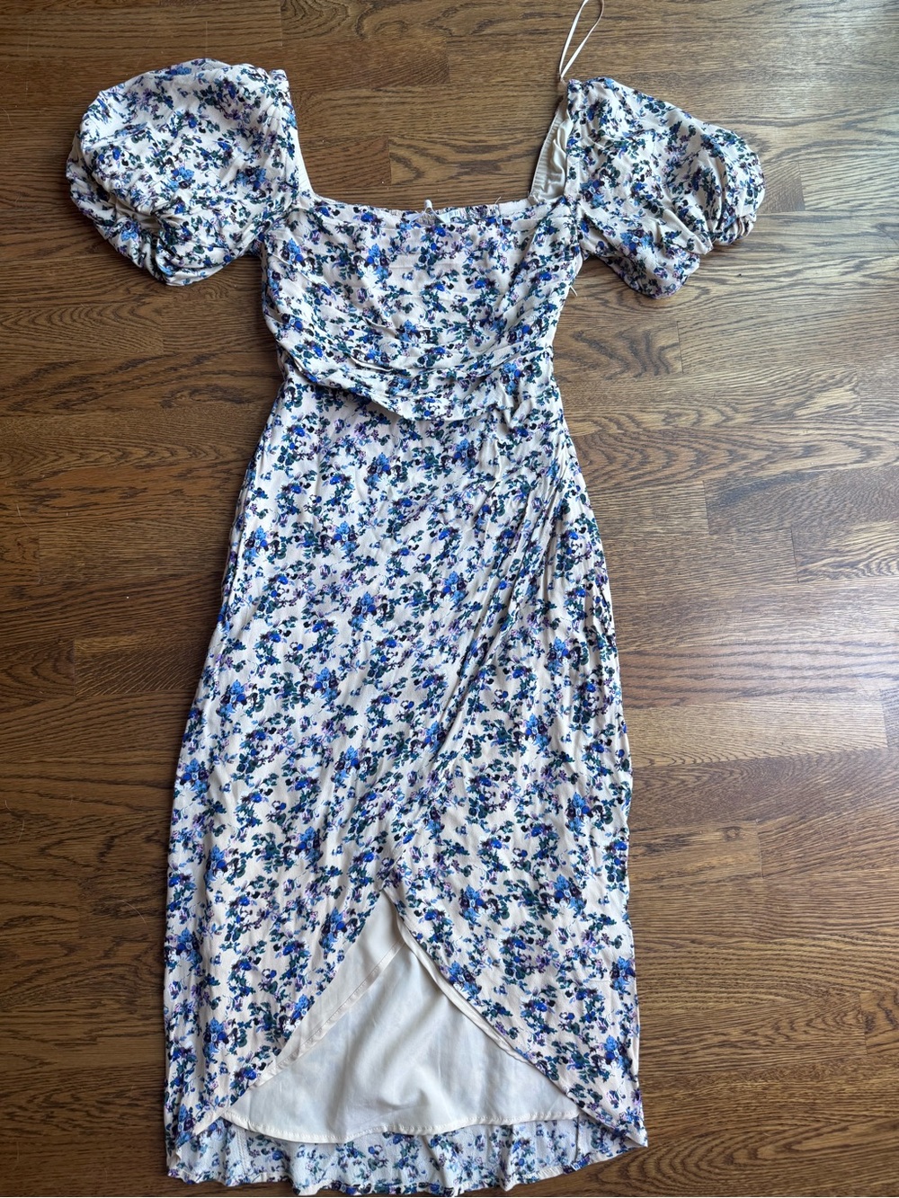 Astr Cream Midi Dress with Blue Floral Print